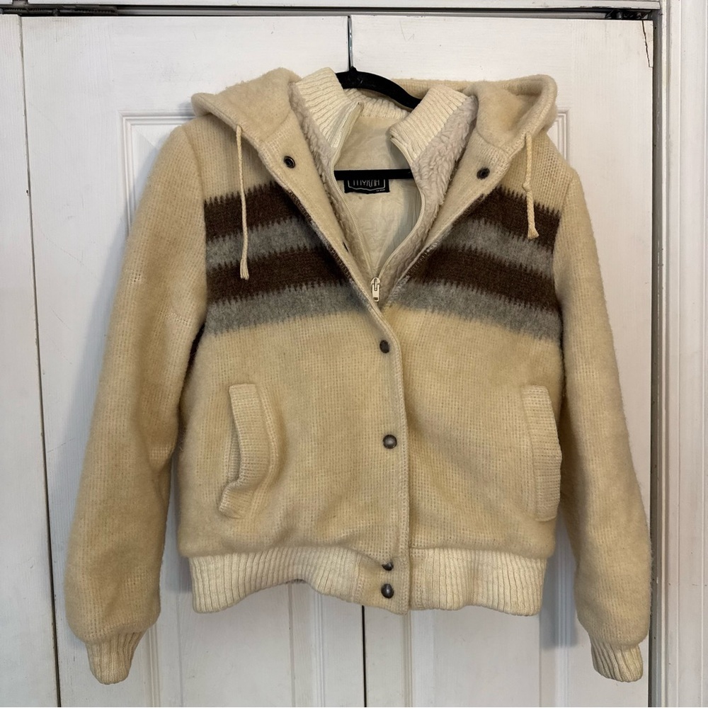 Vintage Myrna Cream and Brown Pure Virgin Wool Hooded Jacket Medium